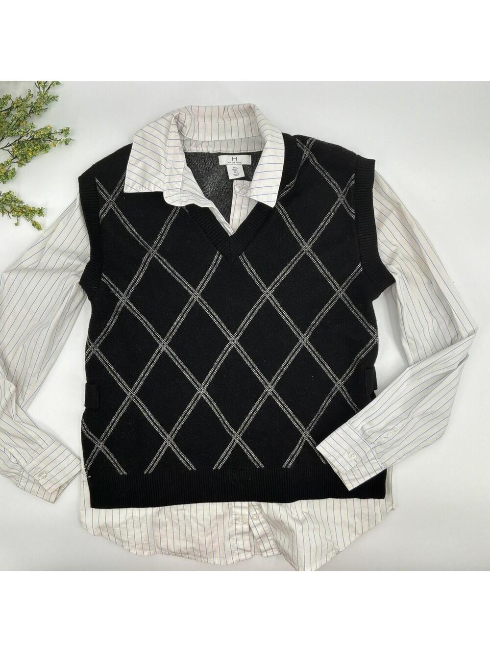 Halston Black Argyle Sweater vest Button Up Combo Business Top Size L